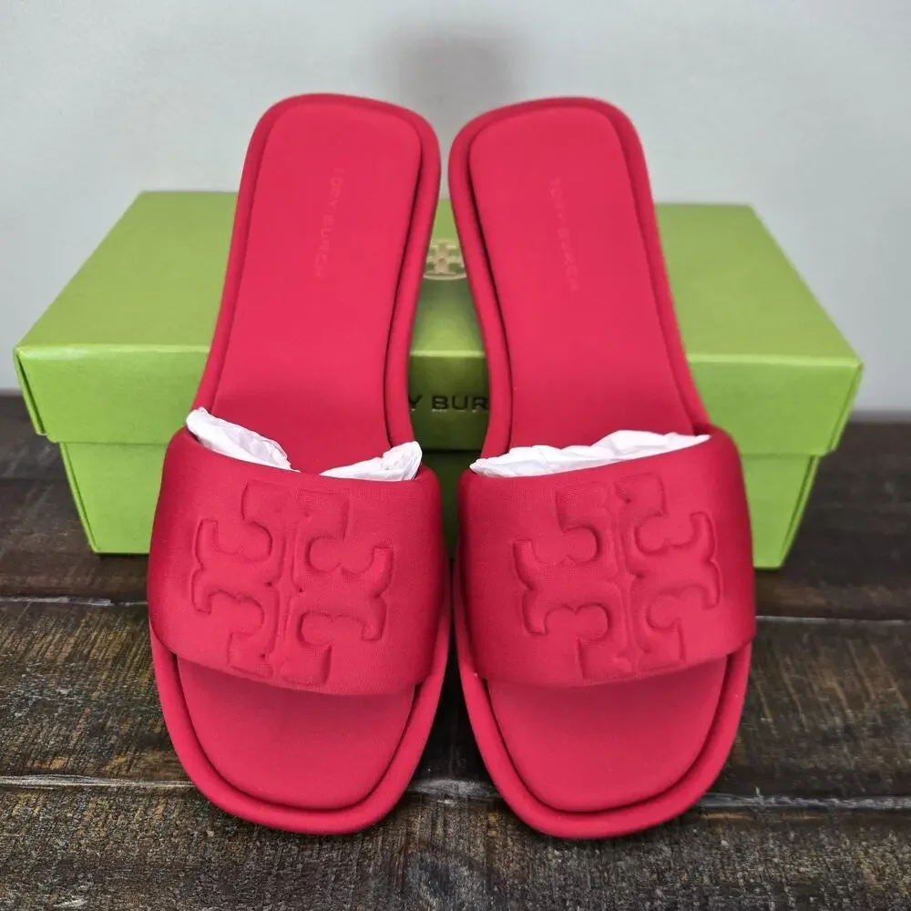 NEW Tory Burch Double T Sport Slides Womens Size 6 Big Logo Sandal Flip Flop Red
